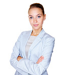 Cute business woman with hands folded against white