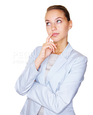 Buy stock photo Pretty thoughtful business woman isolated against white background