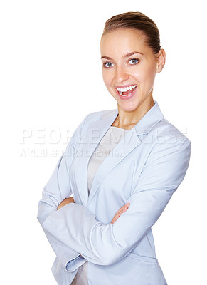 Buy stock photo Portrait of a smiling young business woman with hands folded isolated against white