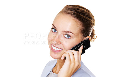 Buy stock photo Closeup portrait of a pretty business woman speaking over the cellphone isolated against white