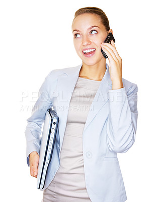 Buy stock photo Successful business woman using cellphone and holding a laptop on white