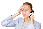 Worried young business woman speaking over cellphone on white