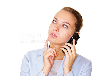 Buy stock photo Young business woman speaking over the cellphone against white , looking away in thought