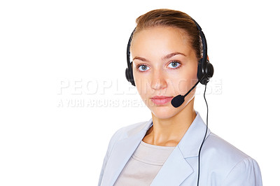 Buy stock photo Young business woman speaking over the headset isolated on white