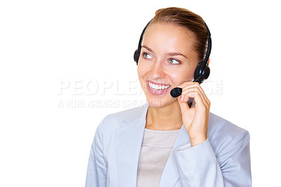 Buy stock photo Portrait of a happy business woman speaking over the headset isolated against white background