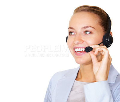 Buy stock photo Smiling young business woman speaking on the headset isolated against white