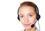 Closeup of a cute female call center employee on white
