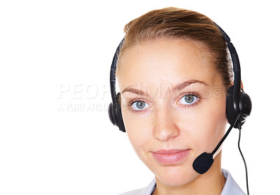 Buy stock photo Closeup of a pretty female call center employee with a headset isolated on white