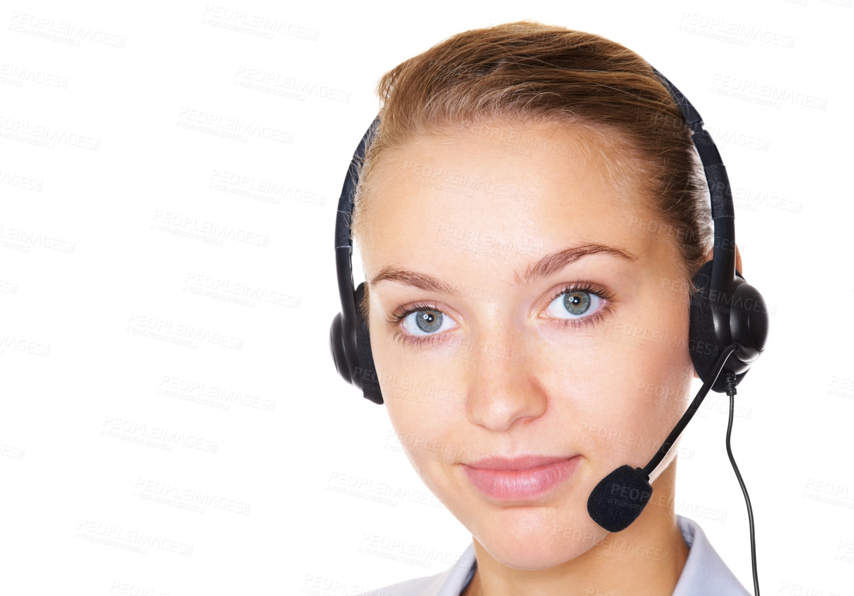 Buy stock photo Closeup of a pretty female call center employee with a headset isolated on white