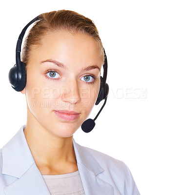 Buy stock photo Closeup portrait of an elegant young call center employee with a headset against white