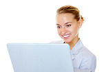 Smiling business woman getting her done on the laptop