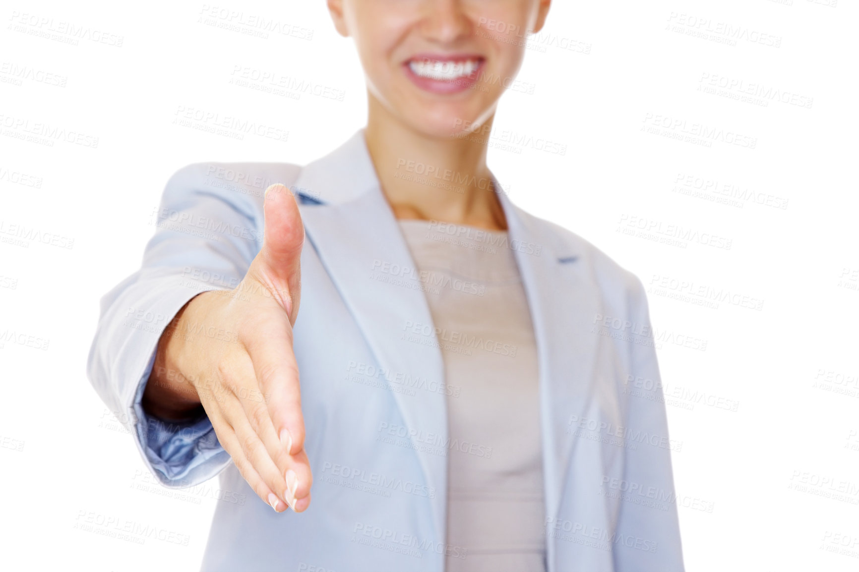 Buy stock photo Cropped image of a business woman offering a handshake against white background