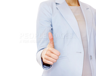 Buy stock photo Thumbs up - Mid section of a positive business woman gesturing success