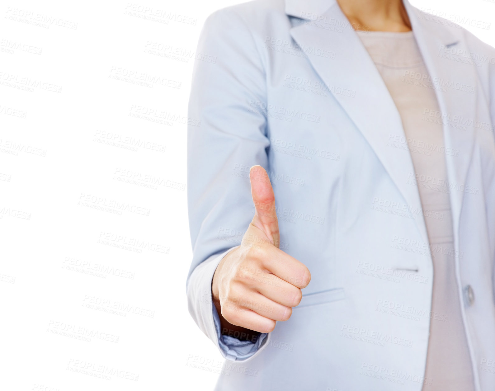 Buy stock photo Thumbs up - Mid section of a positive business woman gesturing success