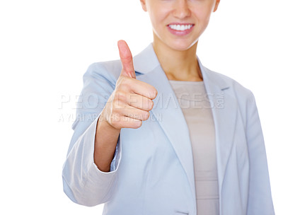 Buy stock photo Cropped image of a business woman giving you an approval sign on white