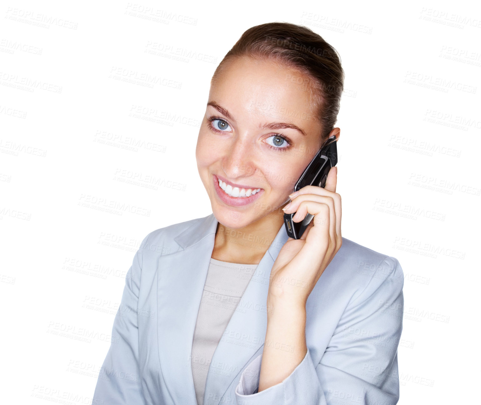Buy stock photo Portrait of a smiling young business woman speaking over the cellphone against white