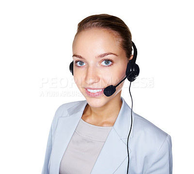 Buy stock photo Cute young business woman speaking over the headset against white