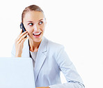 Successful business woman speaking on cellphone on white