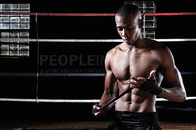 Buy stock photo Muscular African American male boxer holding truncheon