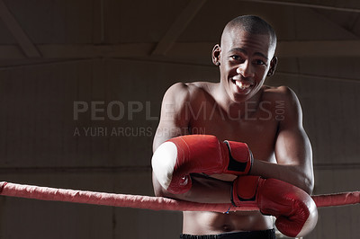 Buy stock photo Portrait of relaxed African American male boxer standing in ring