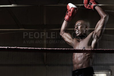 Buy stock photo Happy African American male boxer with hands raised