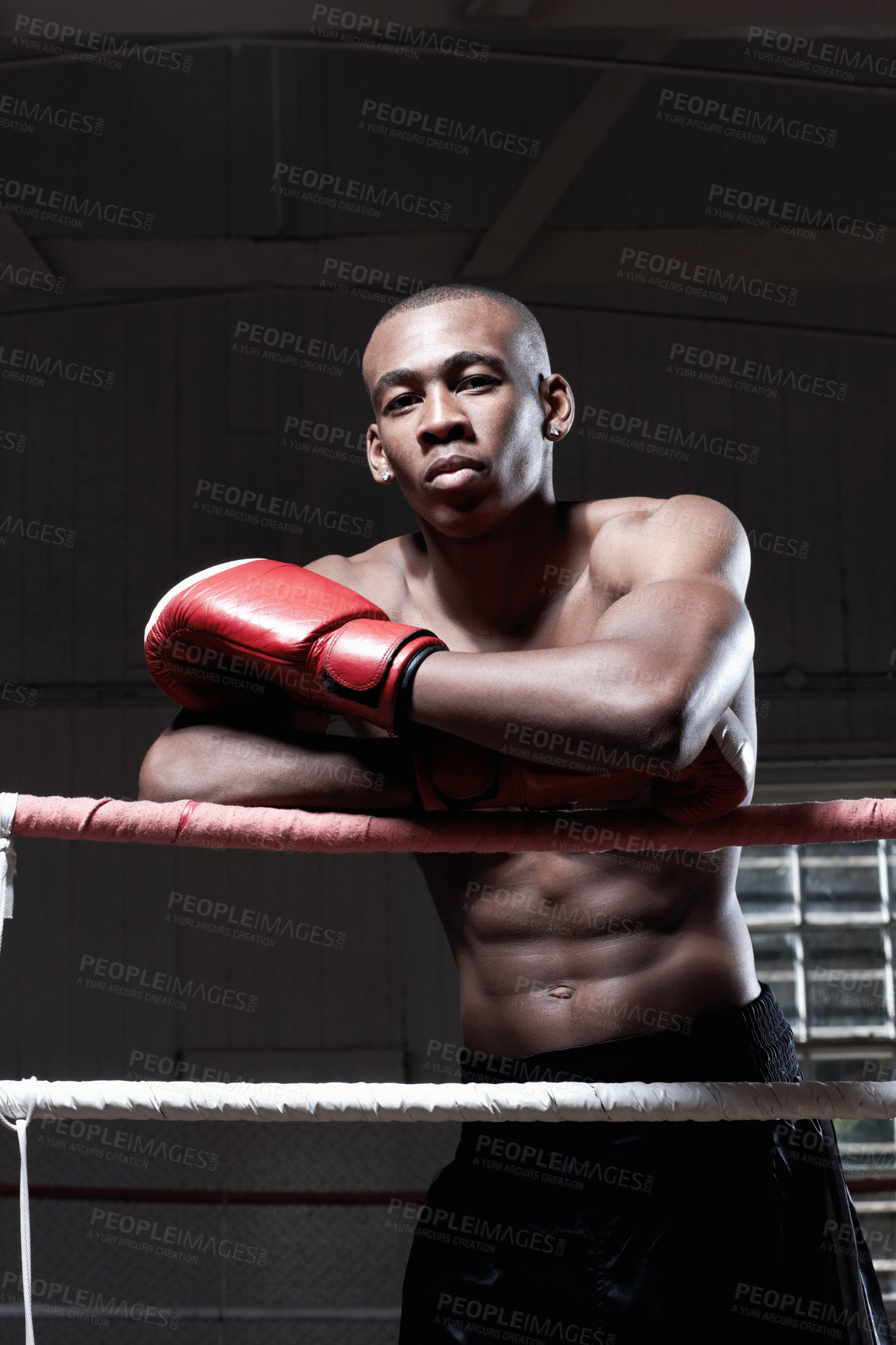 Buy stock photo Portrait of male African American boxer standing in ring