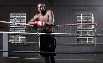 Buy stock photo Portrait of handsome African American boxer standing in ring