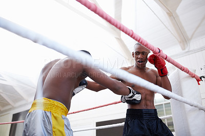 Buy stock photo Low angle view of two African American boxers fighting in ring