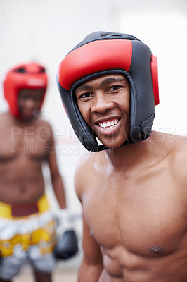Buy stock photo Portrait of African American male boxer smiling with competitor standing in background