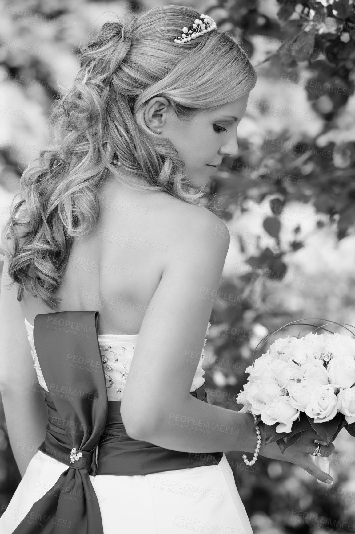 Buy stock photo Shot of a beautiful blonde bride in grayscale