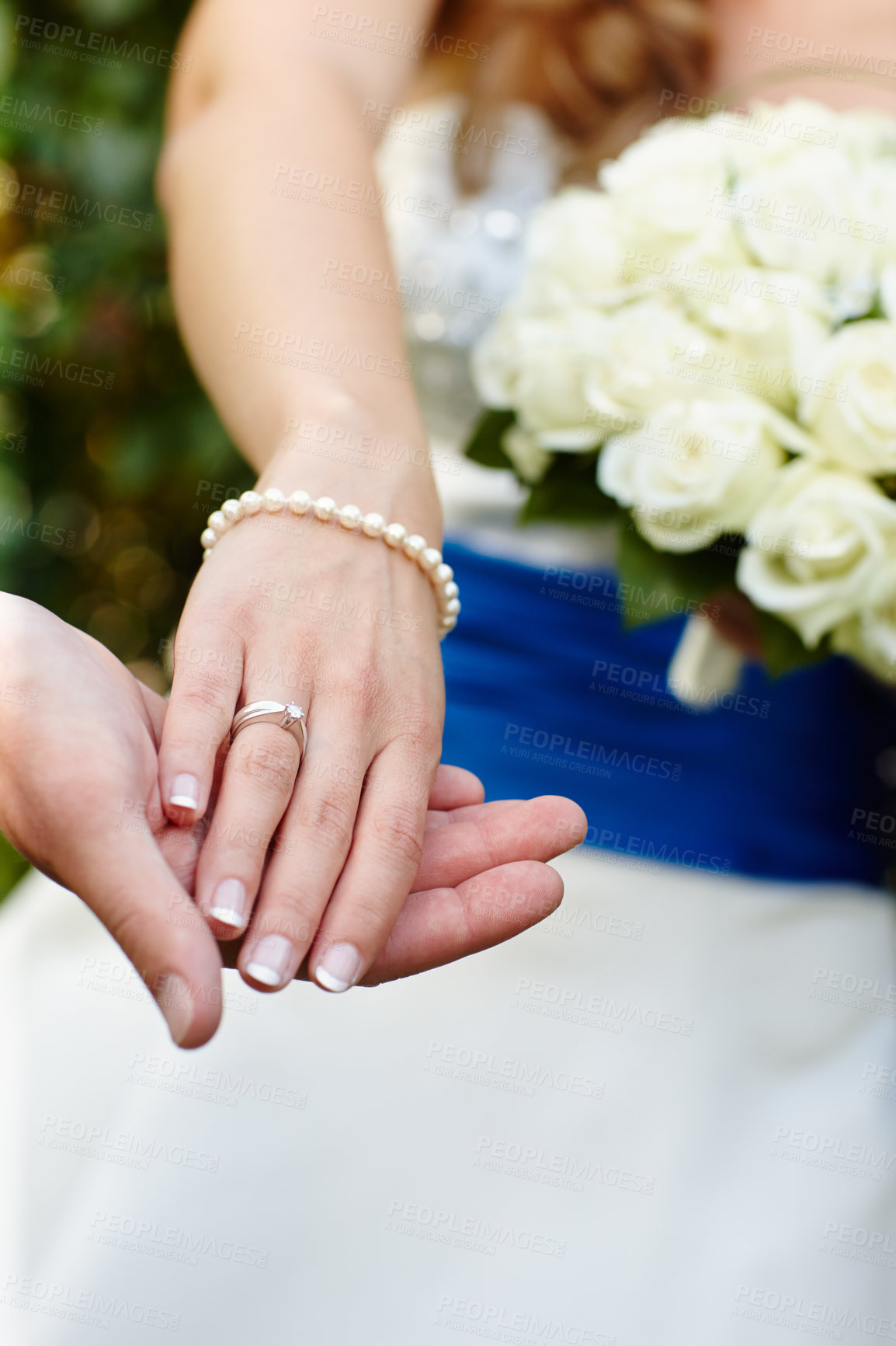 Buy stock photo Closeup shot of a couple's hands on their wedding day