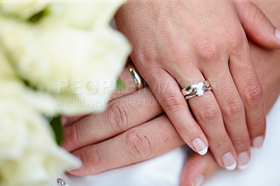 Buy stock photo Closeup shot of a couple's hands on their wedding day