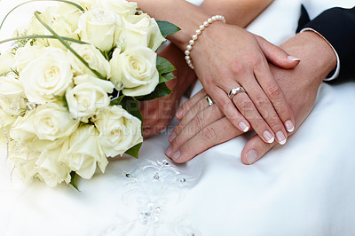 Buy stock photo Closeup shot of a couple's hands on their wedding day