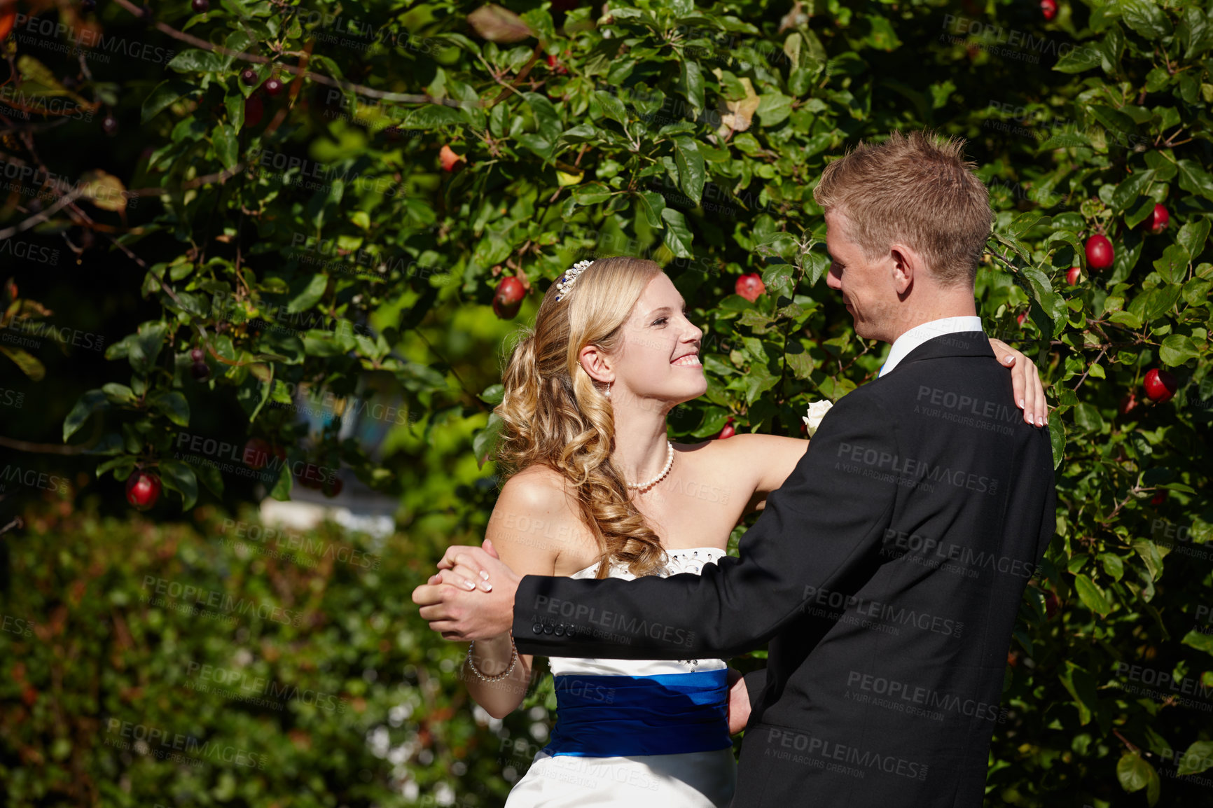 Buy stock photo Shot of a bride and groom dancing on their wedding day