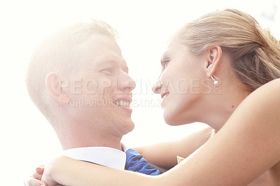 Buy stock photo Cropped shot of a bride and groom on their wedding day