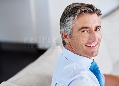 Buy stock photo Business man, face and happy on sofa for pride, professional and career ambition with confidence. Executive, portrait and mature on couch in home for work experience, project or corporate development