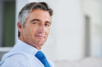 Buy stock photo Portrait of a mature businessman sitting on a sofa