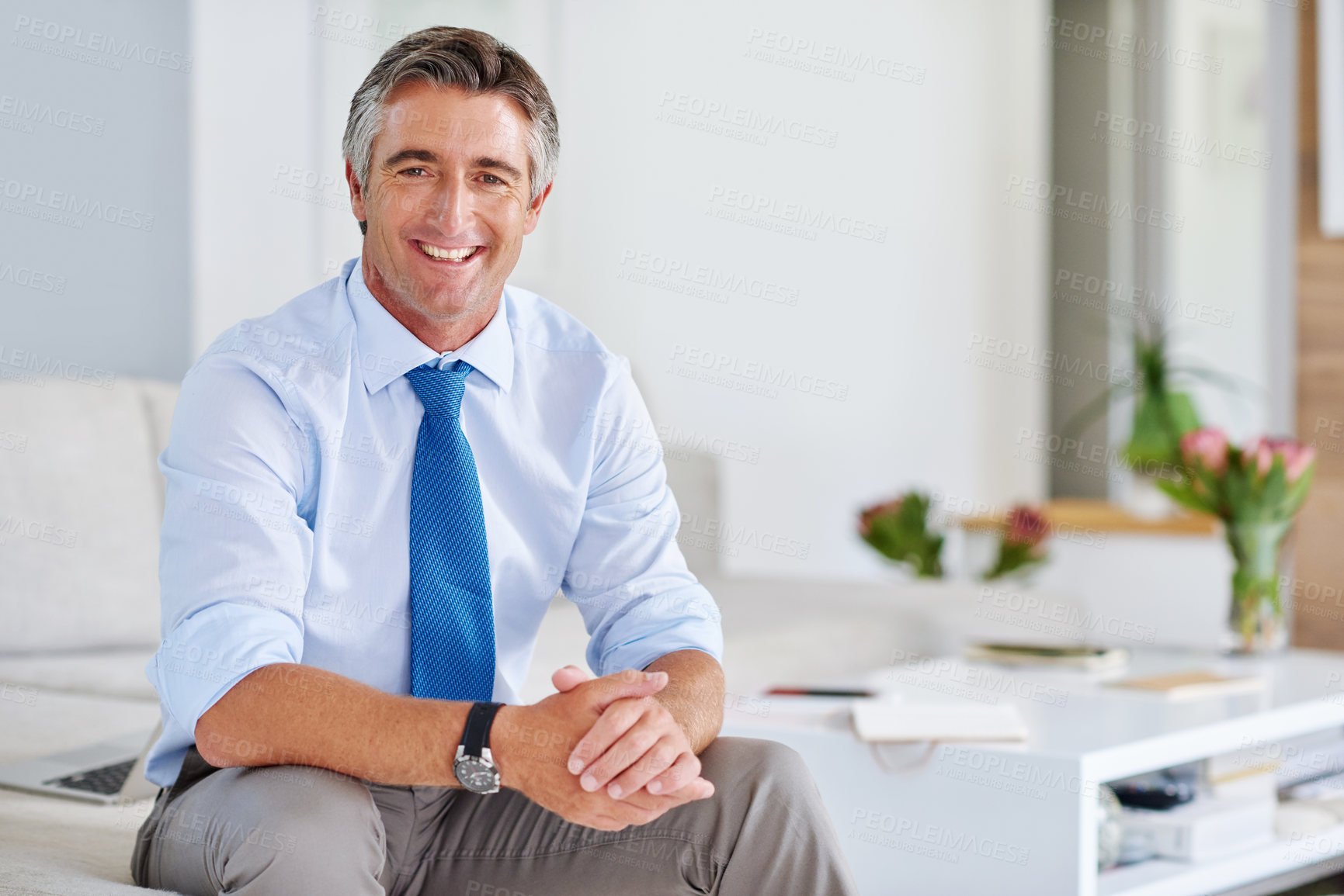 Buy stock photo Portrait of a mature businessman sitting on a sofa