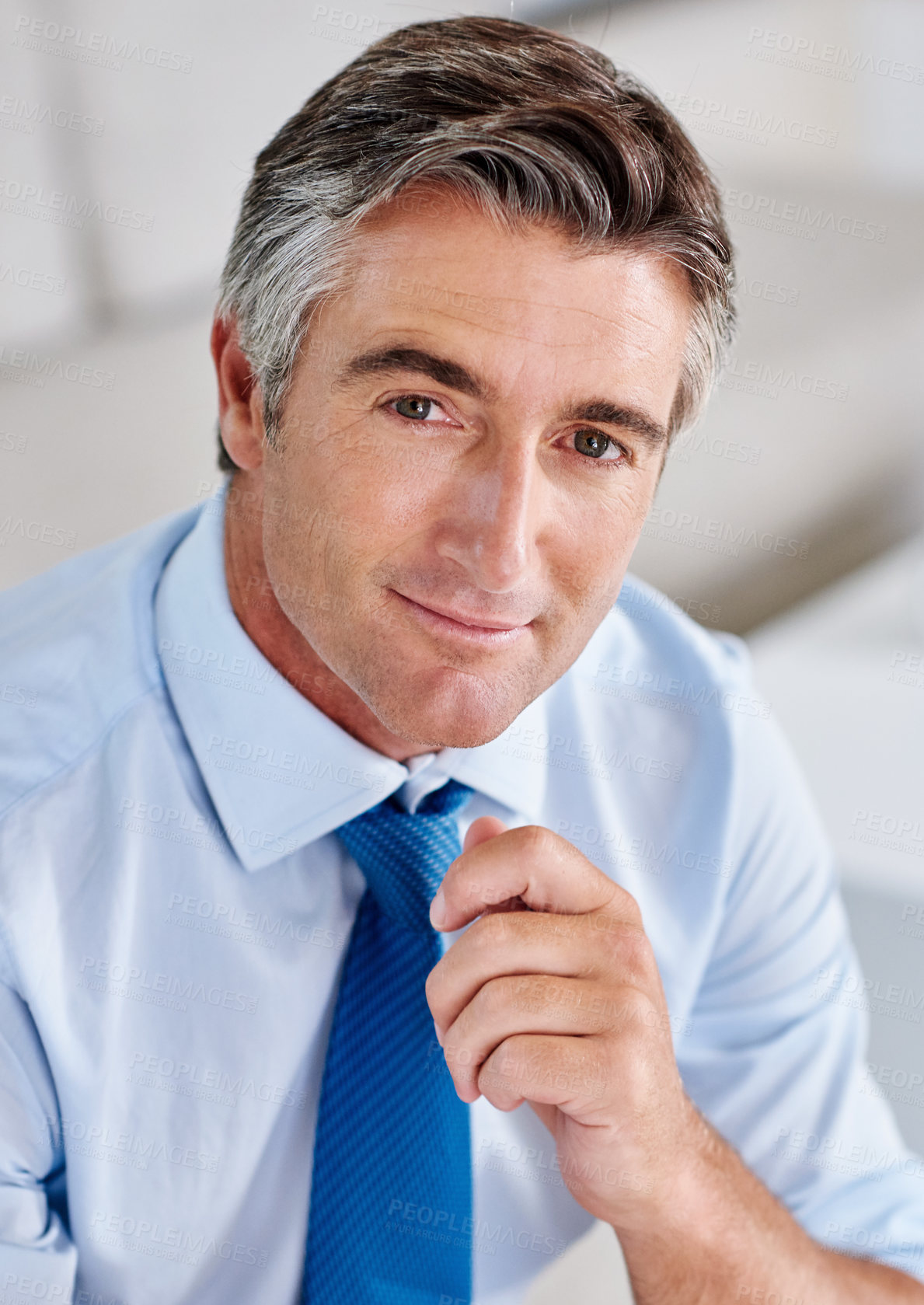 Buy stock photo Businessman, portrait and happy in office for ambition, professional and career pride with confidence. Executive, face and mature person on sofa for work experience, project and corporate development