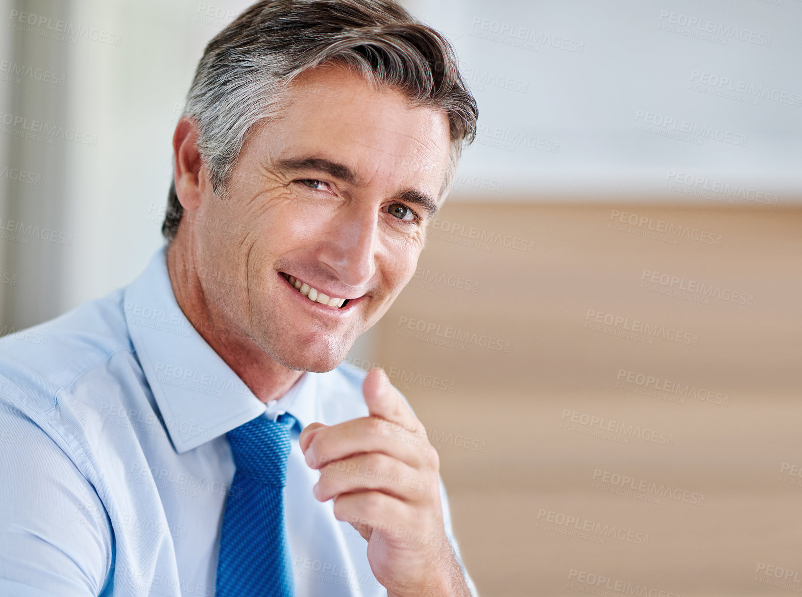 Buy stock photo Office, portrait and businessman with pointing for choice, selection and career growth at law firm. Happiness, mature person and hr manager with decision for hiring, recruitment or corporate by space