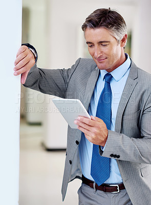 Buy stock photo Office, mature businessman and reading with tablet for law firm, court case and professional career. Smile, male person and lawyer with results for justice update, corporate project and digital info