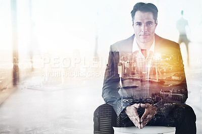 Buy stock photo Portrait of a handsome businessman superimposed over a cityscape