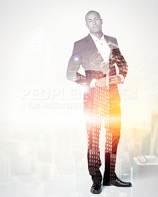Buy stock photo Portrait of a handsome businessman superimposed over a cityscape