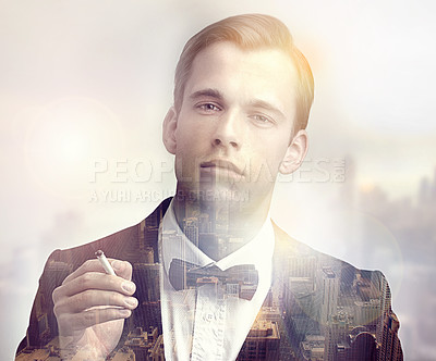 Buy stock photo Cigarette, portrait and gentleman with city overlay in suit for vintage, stylish and elegant fashion. Nicotine, bowtie and male person smoking in tuxedo for luxury aesthetic with town double exposure