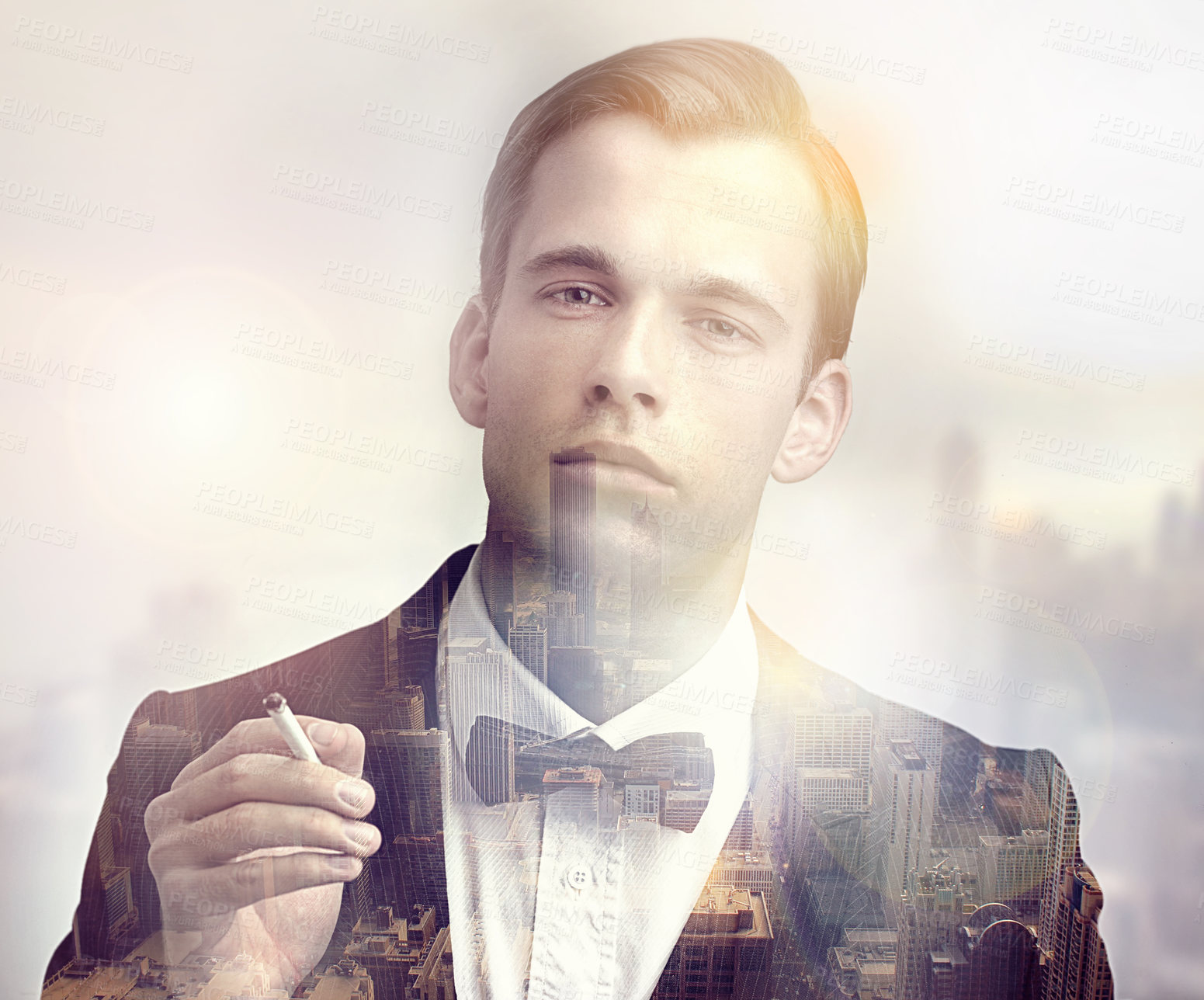 Buy stock photo Cigarette, portrait and gentleman with city overlay in suit for vintage, stylish and elegant fashion. Nicotine, bowtie and male person smoking in tuxedo for luxury aesthetic with town double exposure