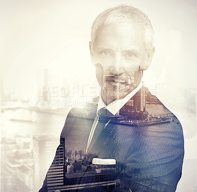 Buy stock photo City, smile and double exposure with portrait of businessman for law career, job or satisfaction. Confident, professional person and mature attorney in New York for corporate, legal agency or company