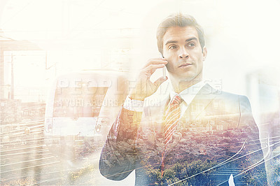 Buy stock photo Shot of a handsome businessman superimposed over a cityscape