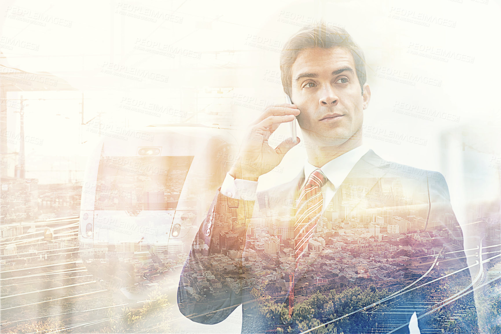 Buy stock photo Shot of a handsome businessman superimposed over a cityscape