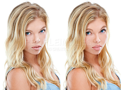 Buy stock photo Comparative composite image of a before and after plastic surgery picture of a young woman