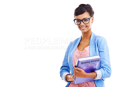 Buy stock photo Woman, fashion student and books with space in portrait, mock up and studio by white background. Girl, Indian person and model with learning, education and studying with college promotion in Mumbai